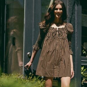 Free People Brown Printed Mini Dress with Ruffle Yoke